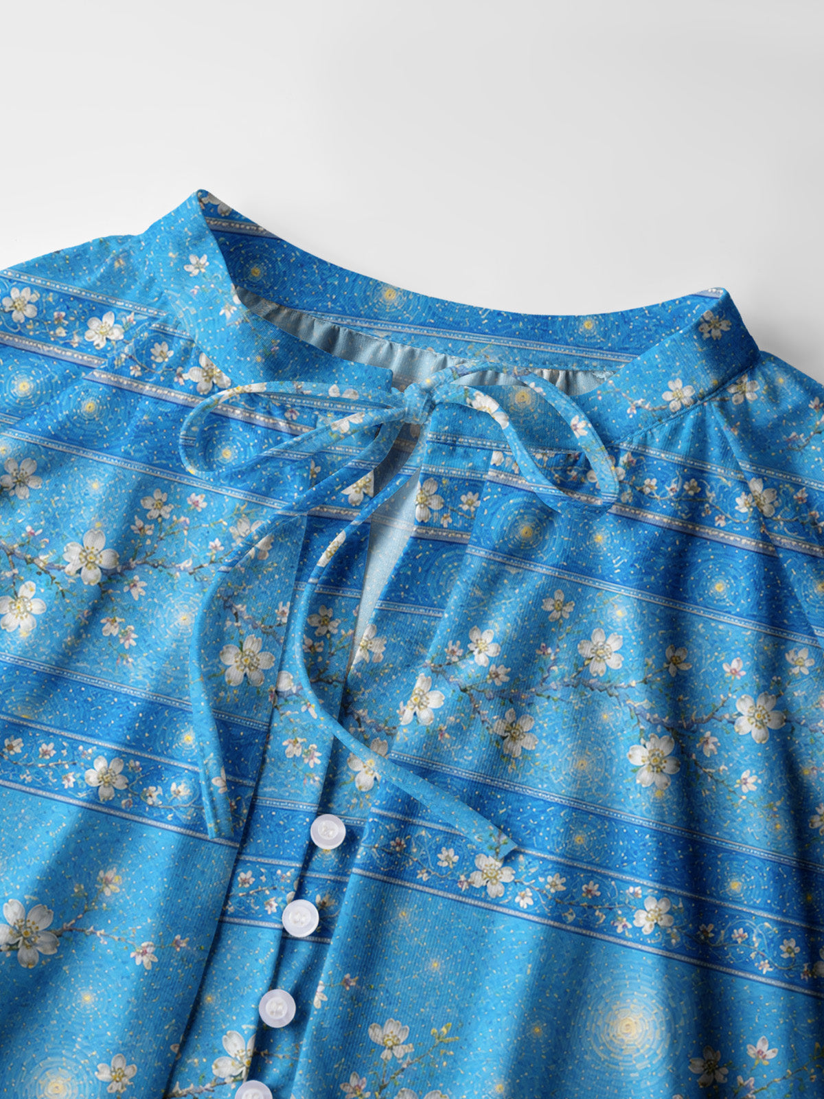 Night Garden Starry Print Boho Long Sleeve Tie‑Neck Blouse