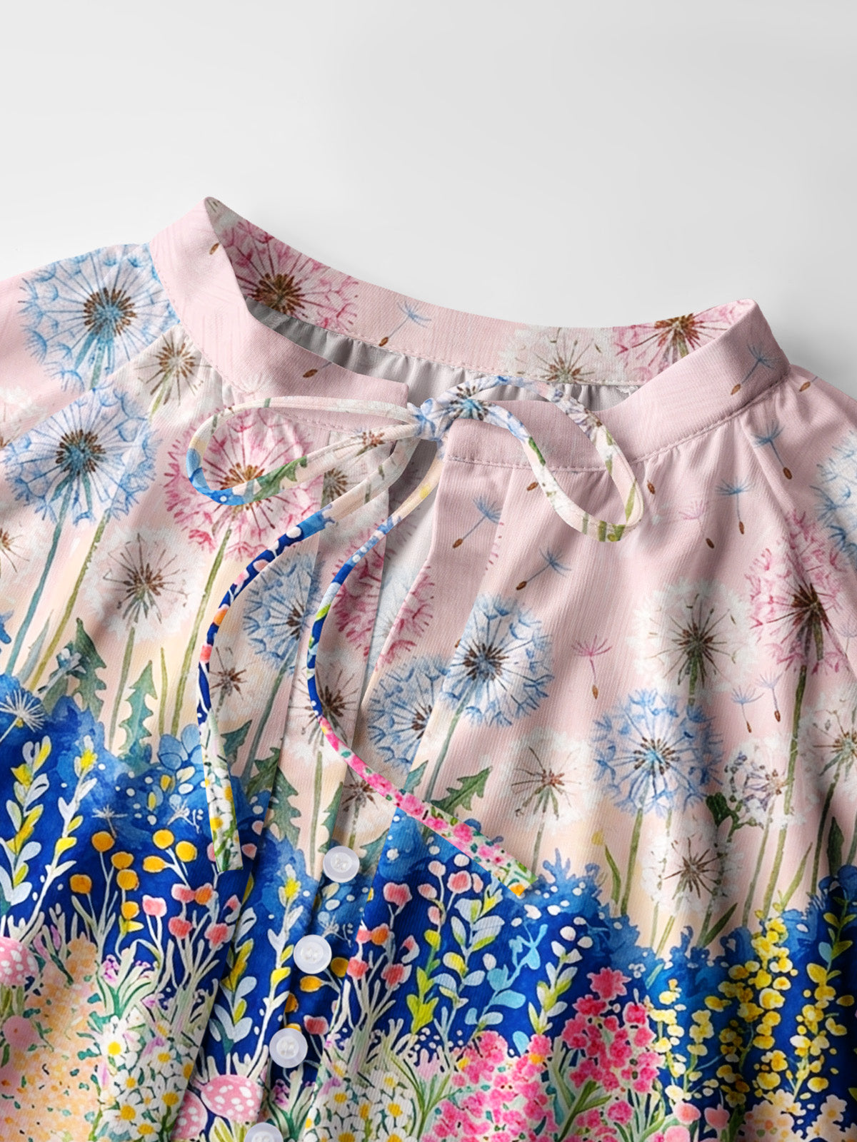 Moonlit Dandelion Garden Print Boho Long Sleeve Tie‑Neck Blouse