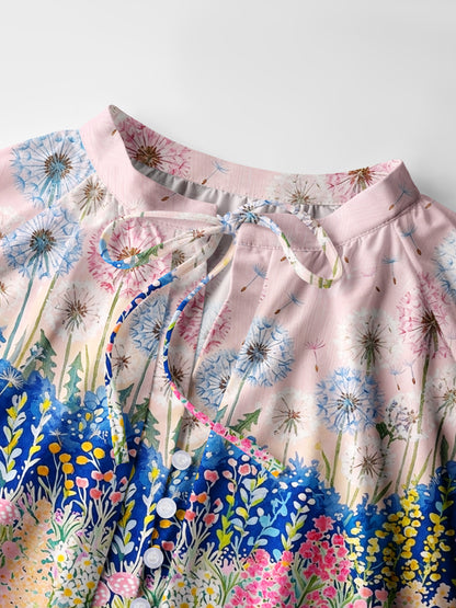 Moonlit Dandelion Garden Print Boho Long Sleeve Tie‑Neck Blouse