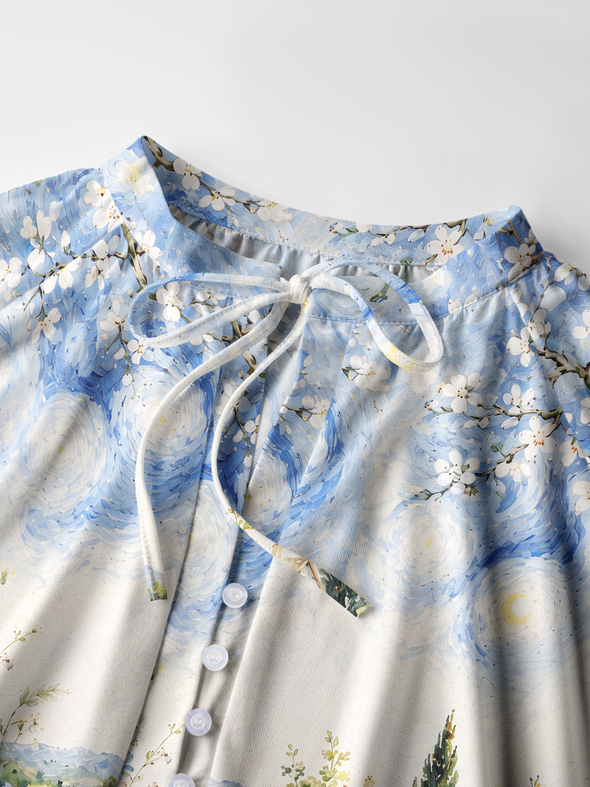 Starlit Flower Pat Print Boho Long Sleeve Tie‑Neck Blouse