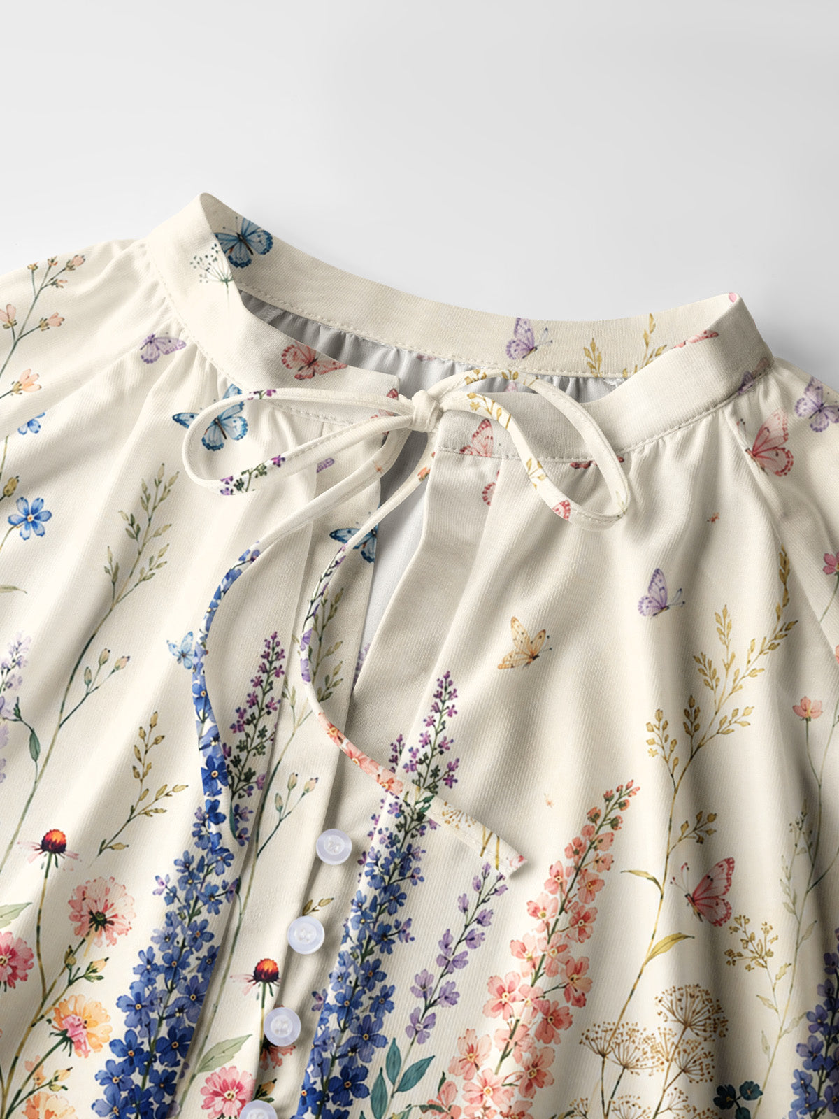 Morning Wildflower Path Print Boho Long Sleeve Tie‑Neck Blouse