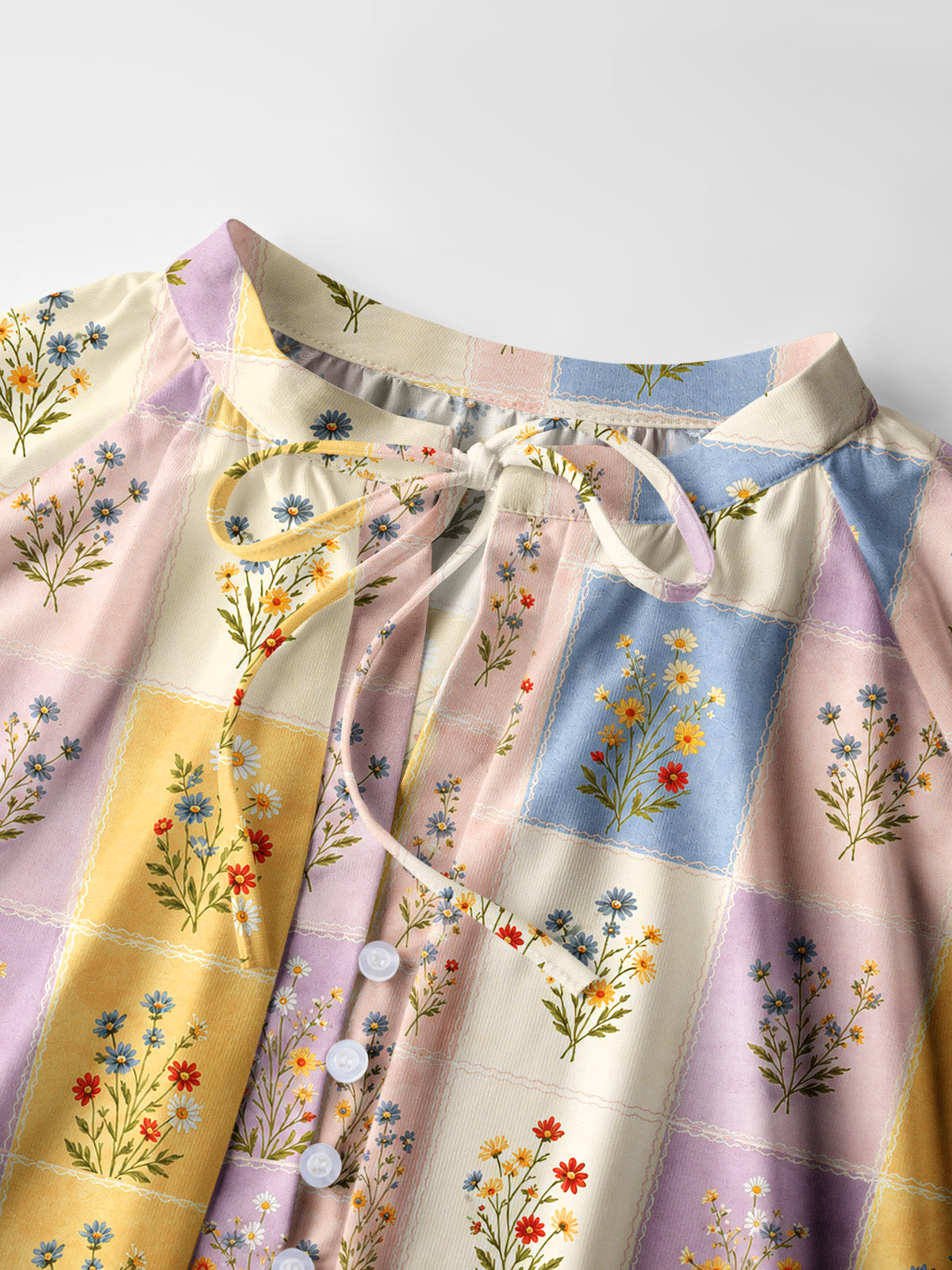 Soft Pastel Check Wildflower Print Boho Long Sleeve Tie‑Neck Blouse