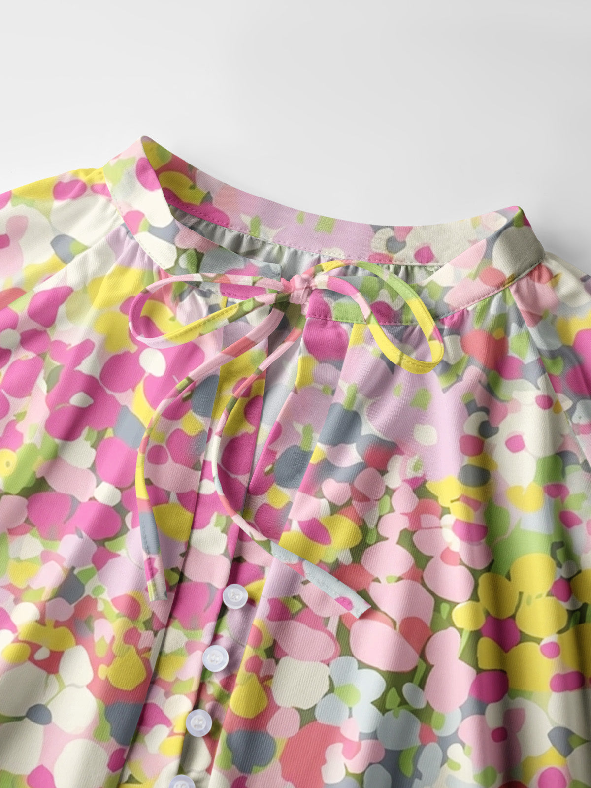 Floral Candy Confetti Print Boho Long Sleeve Tie‑Neck Blouse