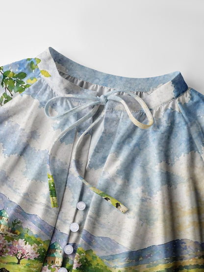 Spring Meadow Sheep and Blossoms Landscape Print Boho Long Sleeve Tie‑Neck Blouse