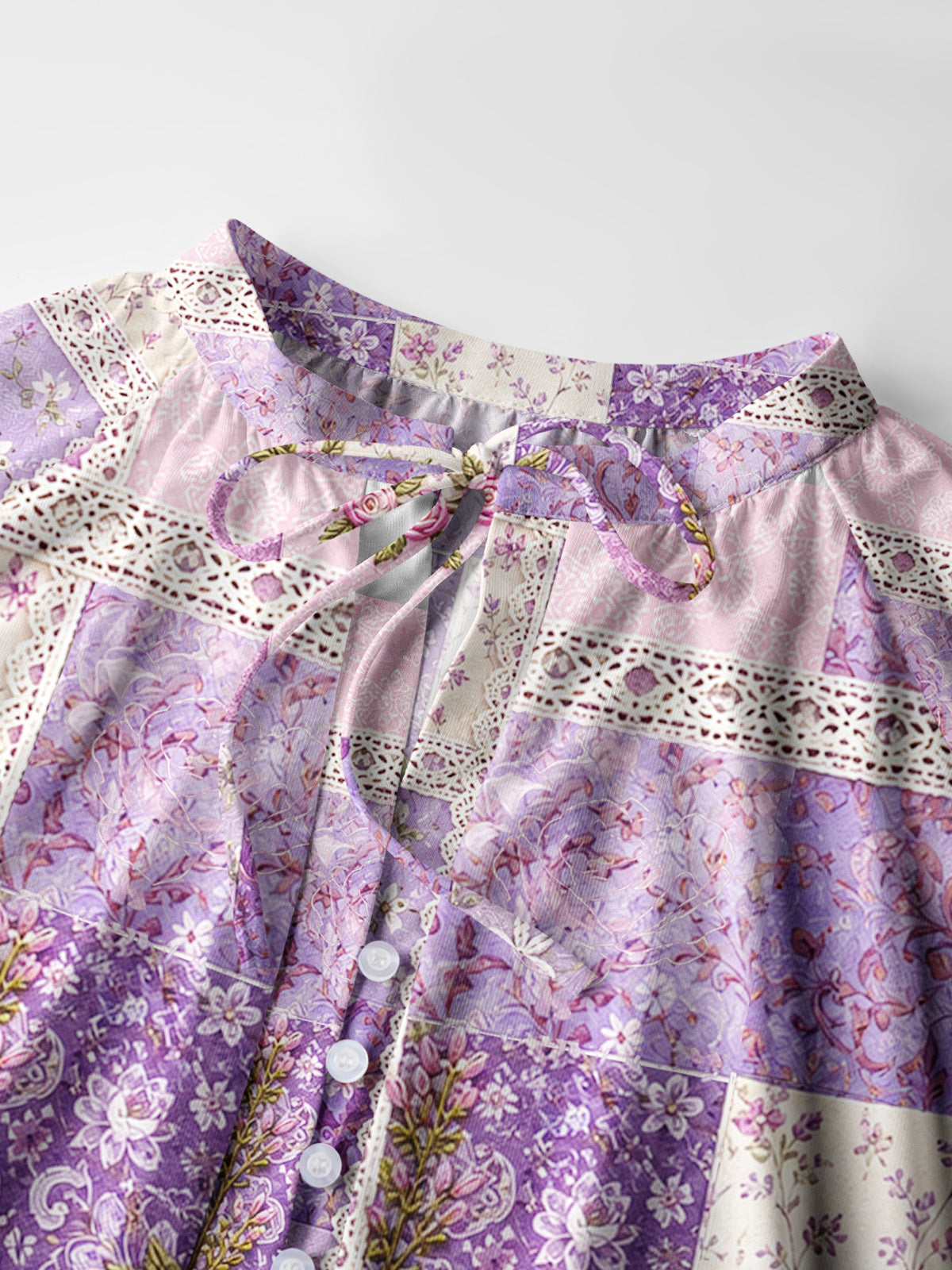 Purple Meadow Vintage Patchwork Print Boho Long Sleeve Tie‑Neck Blouse