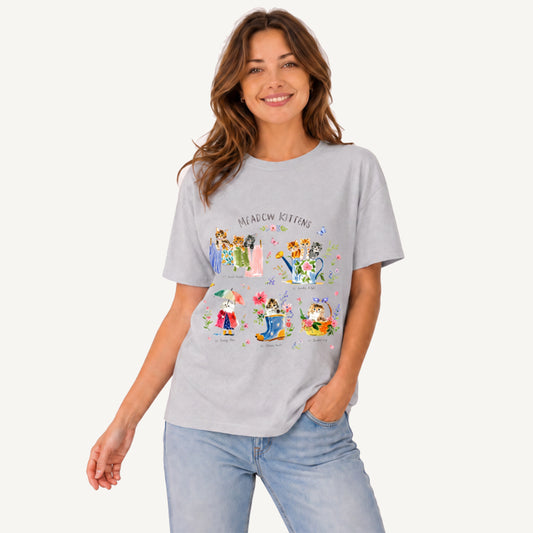 Watercolor Meadow Kittens Guide Print Crew Neck Cotton Tee