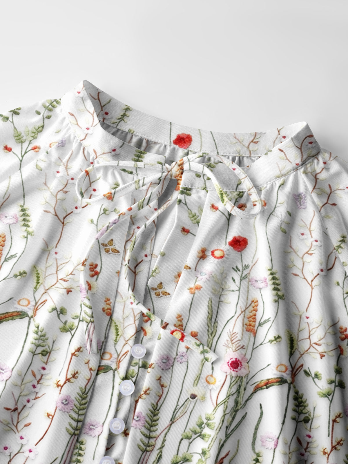 Misty Forest Wildflower Print Boho Long Sleeve Tie‑Neck Blouse