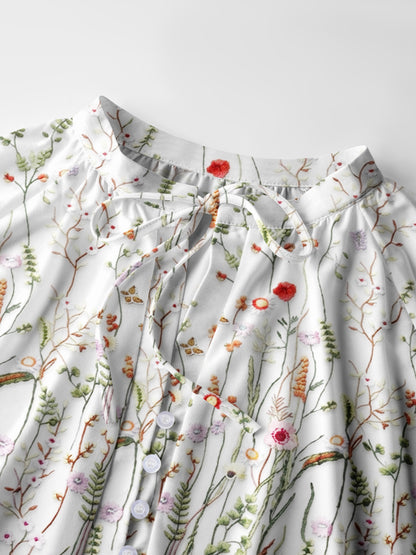 Misty Forest Wildflower Print Boho Long Sleeve Tie‑Neck Blouse