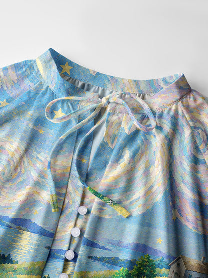 Starry Village Cat Print Boho Long Sleeve Tie‑Neck Blouse