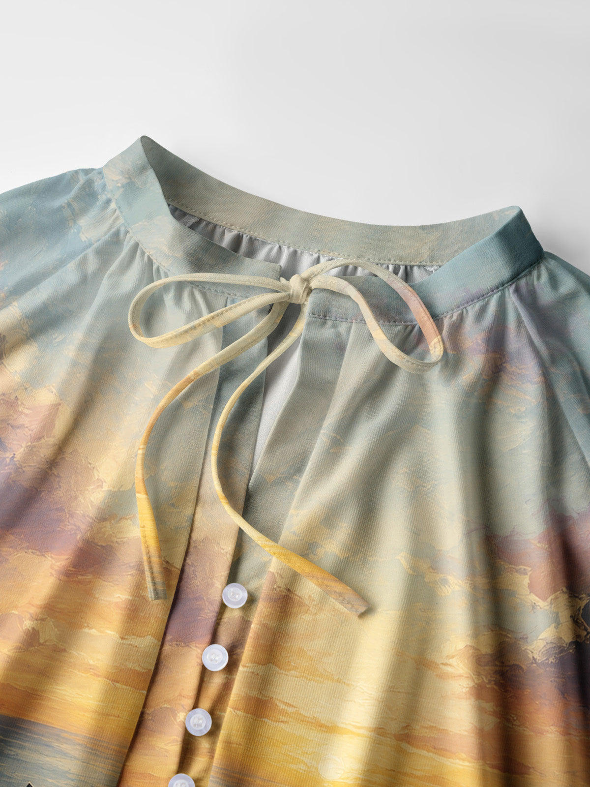 Sunset Cat Garden Art  Print Boho Long Sleeve Tie‑Neck Blouse