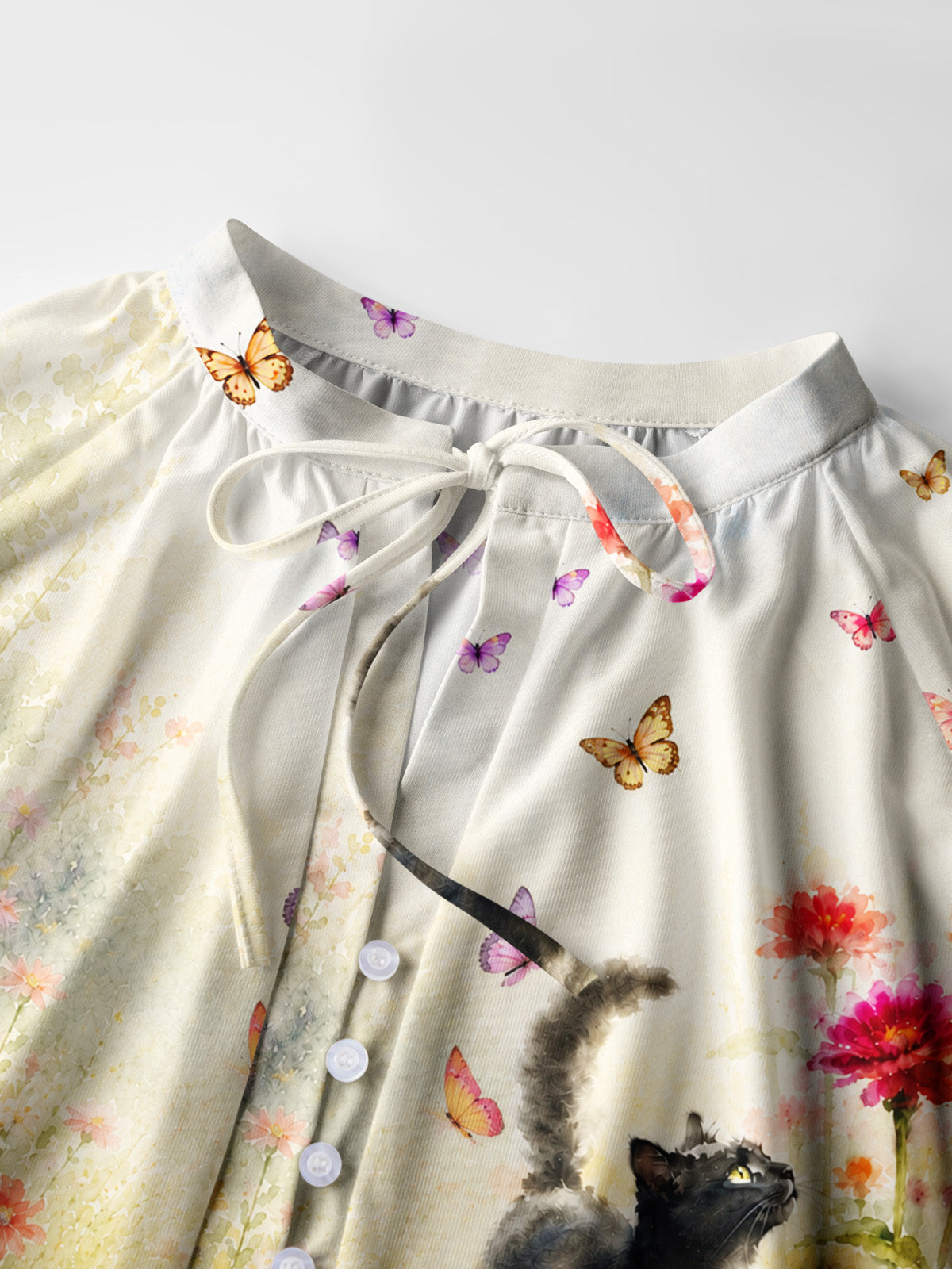 Black Cat in Blooming Garden Watercolor Print Boho Long Sleeve Tie‑Neck Blouse