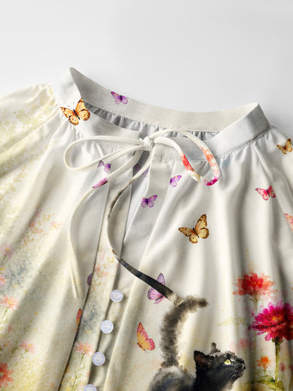 Black Cat in Blooming Garden Watercolor Print Boho Long Sleeve Tie‑Neck Blouse