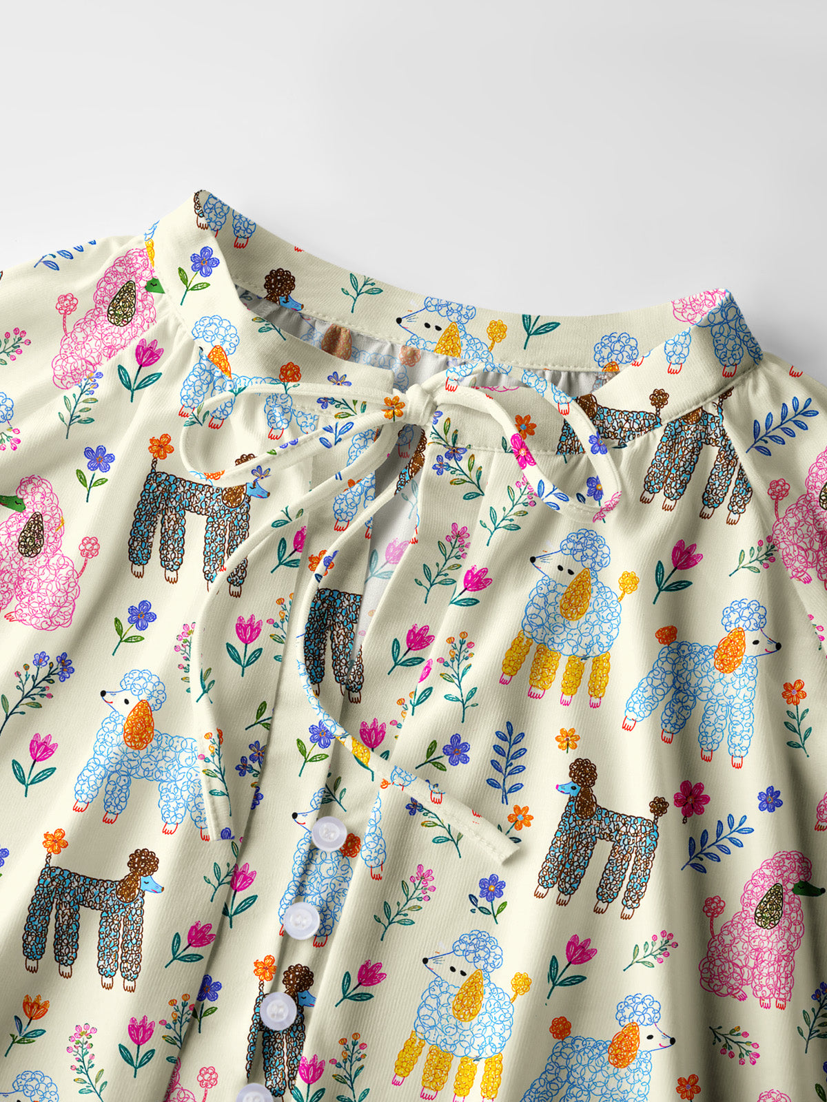 Whimsical Garden Poodles Pattern Print Boho Long Sleeve Tie‑Neck Blouse