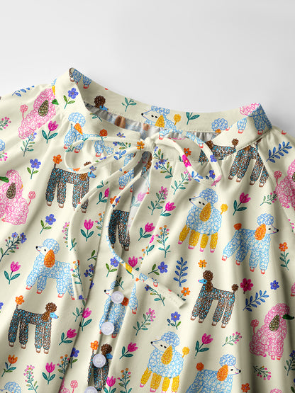 Whimsical Garden Poodles Pattern Print Boho Long Sleeve Tie‑Neck Blouse