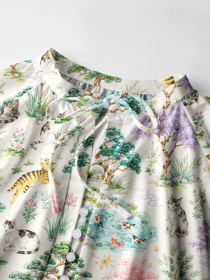 Cats in a Tranquil Garden Pond Scene Print Boho Long Sleeve Tie‑Neck Blouse