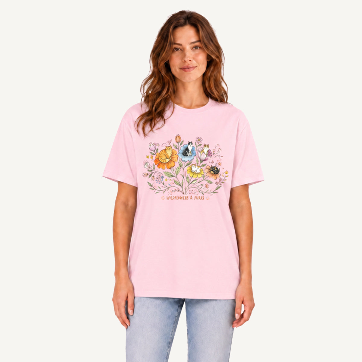 Wildflowers And Purrs Bloom Print Crew Neck Cotton Tee
