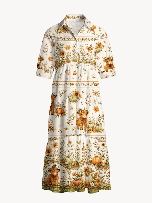 V Neck Collared Autumn Pumpkin Patch Highland Cow Print Casual Midi Dress With Pockets