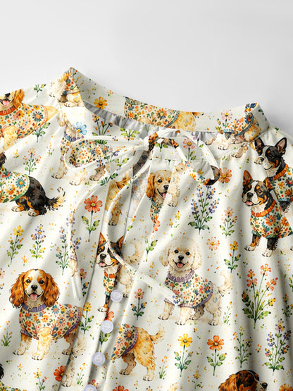 Cute Dog Garden Print Boho Long Sleeve Tie‑Neck Blouse