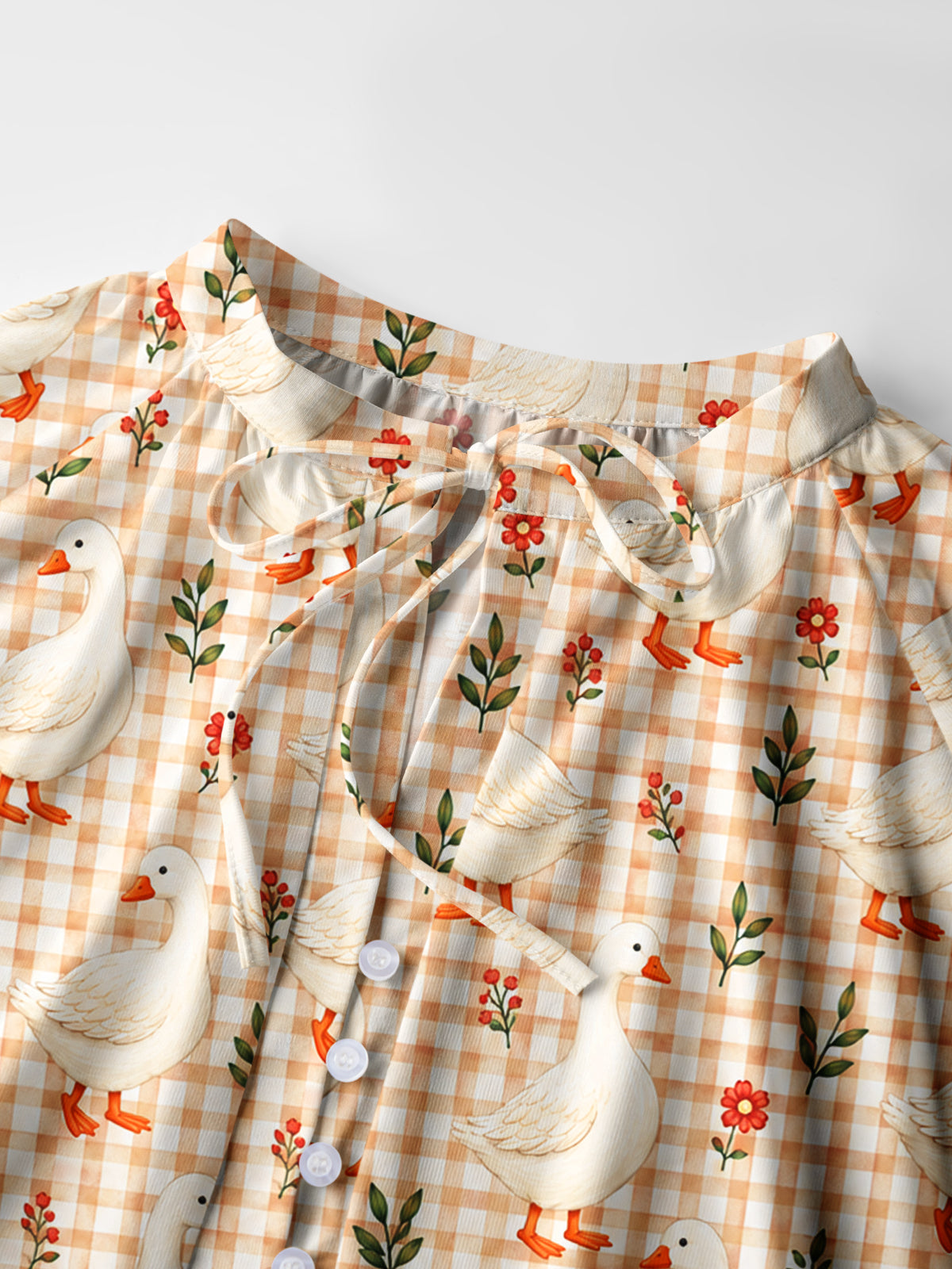 Country Gingham Garden Geese Print Boho Long Sleeve Tie‑Neck Blouse