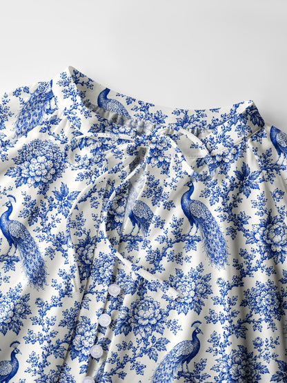 Blue Chinoiserie Peacock and Bloom Toile Print Boho Long Sleeve Tie‑Neck Blouse