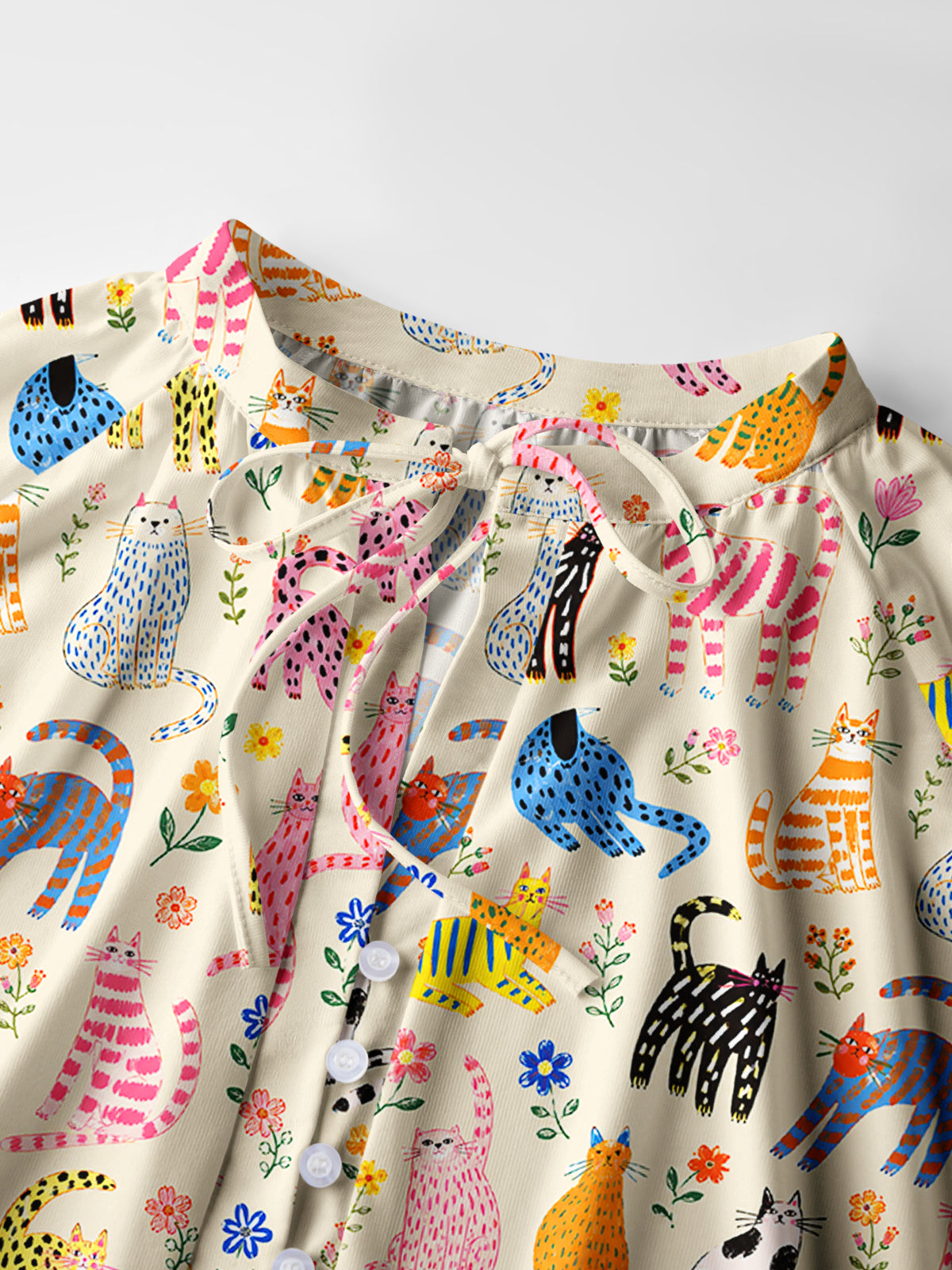 Colorful Whimsical Garden Cats Pattern Print Boho Long Sleeve Tie‑Neck Blouse
