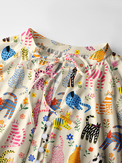 Colorful Whimsical Garden Cats Pattern Print Boho Long Sleeve Tie‑Neck Blouse