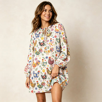 Funky Retro Chicken Print Boho Tie‑Neck Smock Mini Dress