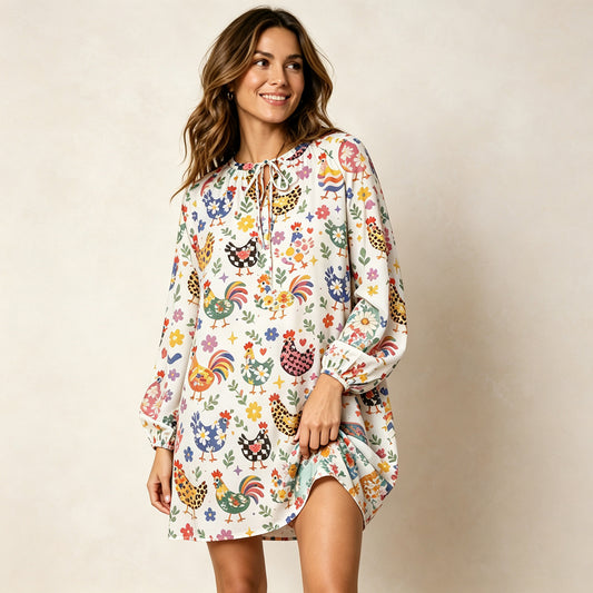 Funky Retro Chicken Print Boho Tie‑Neck Smock Mini Dress