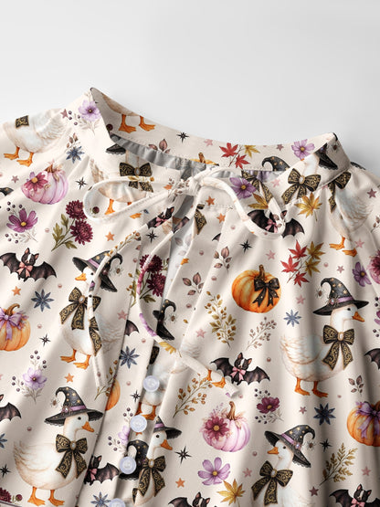Rustic Halloween Goose Print Boho Long Sleeve Tie‑Neck Blouse