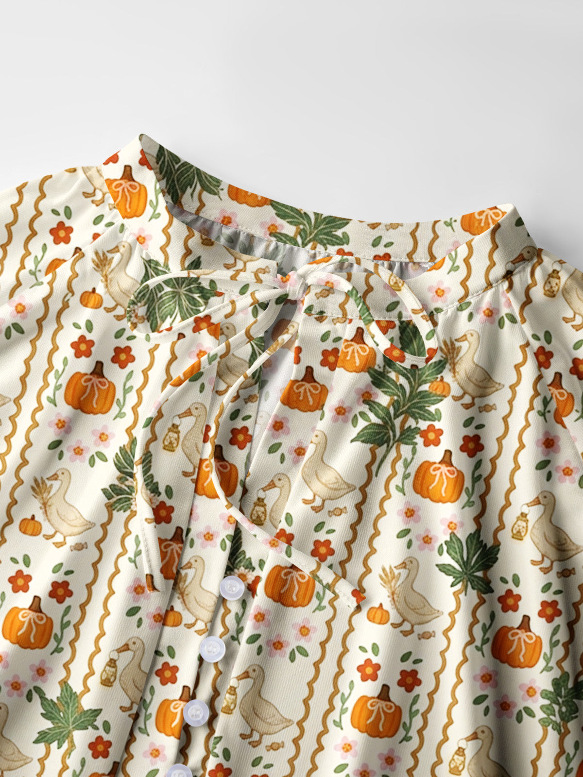 Harvest Goose & Pumpkin Print Boho Long Sleeve Tie‑Neck Blouse