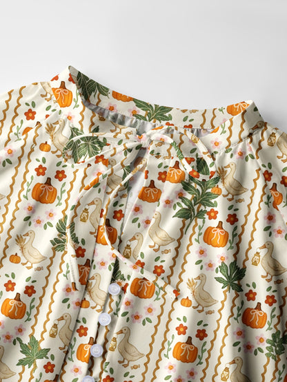 Harvest Goose & Pumpkin Print Boho Long Sleeve Tie‑Neck Blouse