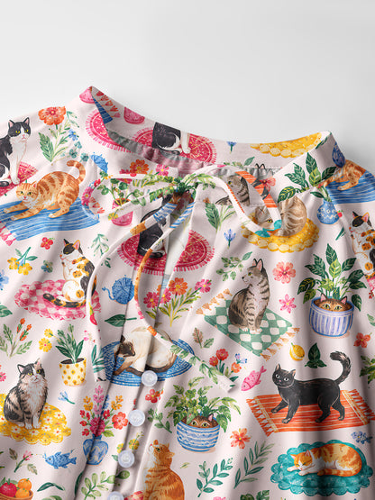 Cozy Garden Cats on Colorful Rugs Print Boho Long Sleeve Tie‑Neck Blouse