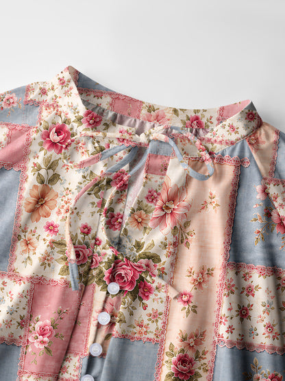 Vintage Pink and Blue Floral Patchwork Print Boho Long Sleeve Tie‑Neck Blouse