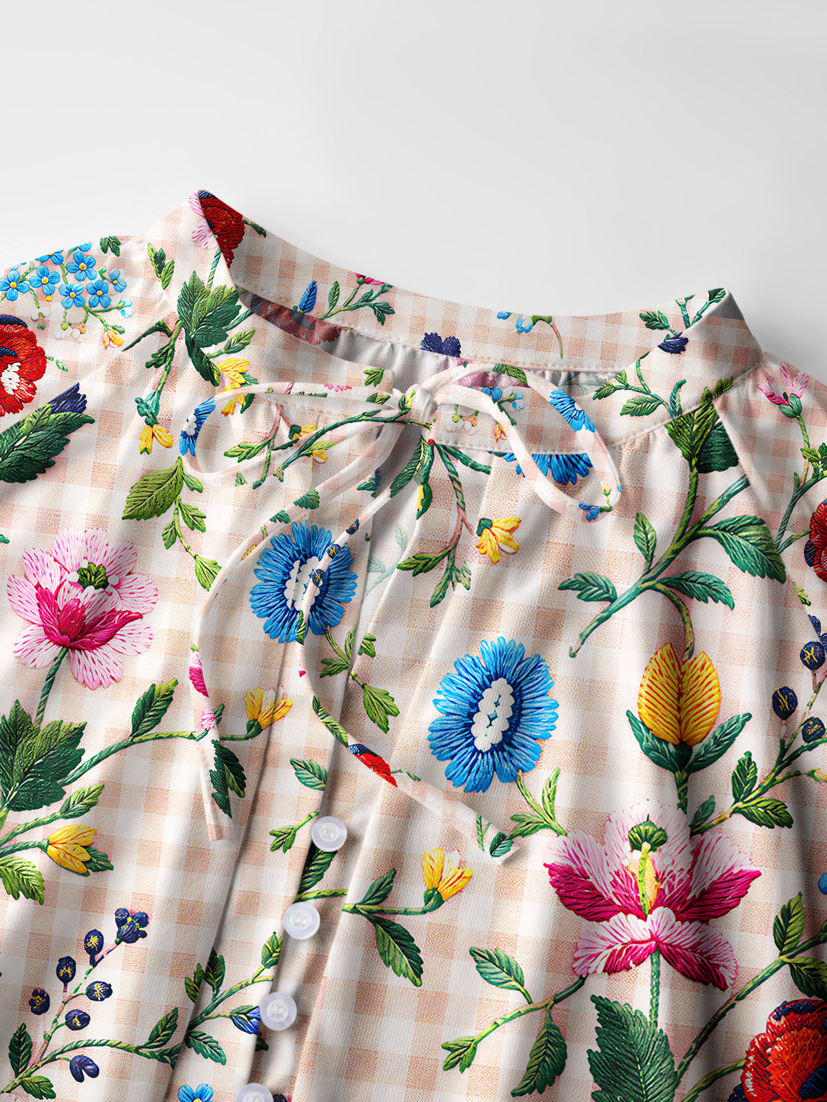 Embroidered Meadow Gingham Print Boho Long Sleeve Tie‑Neck Blouse