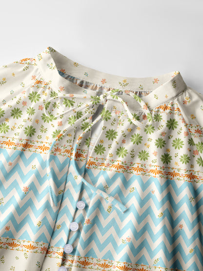 Pastel Chevron and Ditsy Floral Stripe Print Boho Long Sleeve Tie‑Neck Blouse