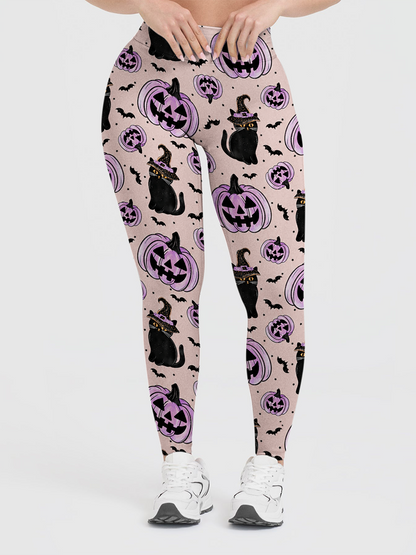 Vintage Pumpkin Witch Black Cat Leggings