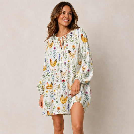 Watercolor Chickens Leaves Print Boho Long Sleeve Tie‑Neck Smock Mini Dress