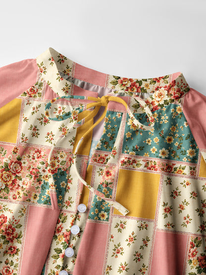 Vintage Pink and Teal Floral Patchwork Print Boho Long Sleeve Tie‑Neck Blouse