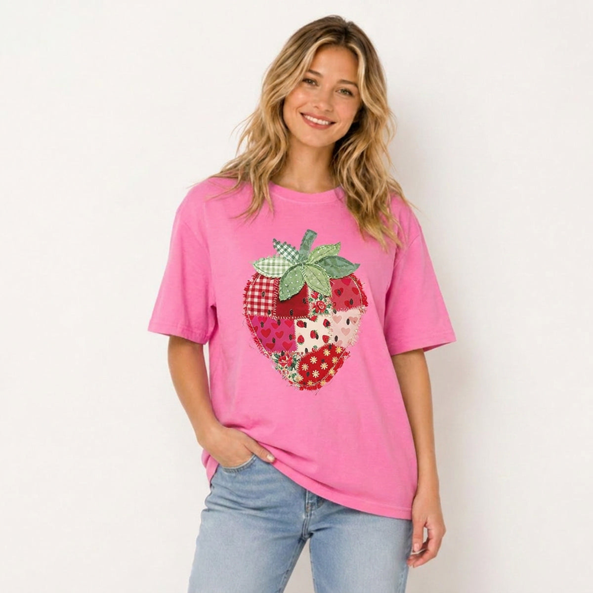 Folk Patchwork Strawberry Print Crew Neck Cotton Tee