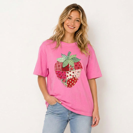 Folk Patchwork Strawberry Print Crew Neck Cotton Tee