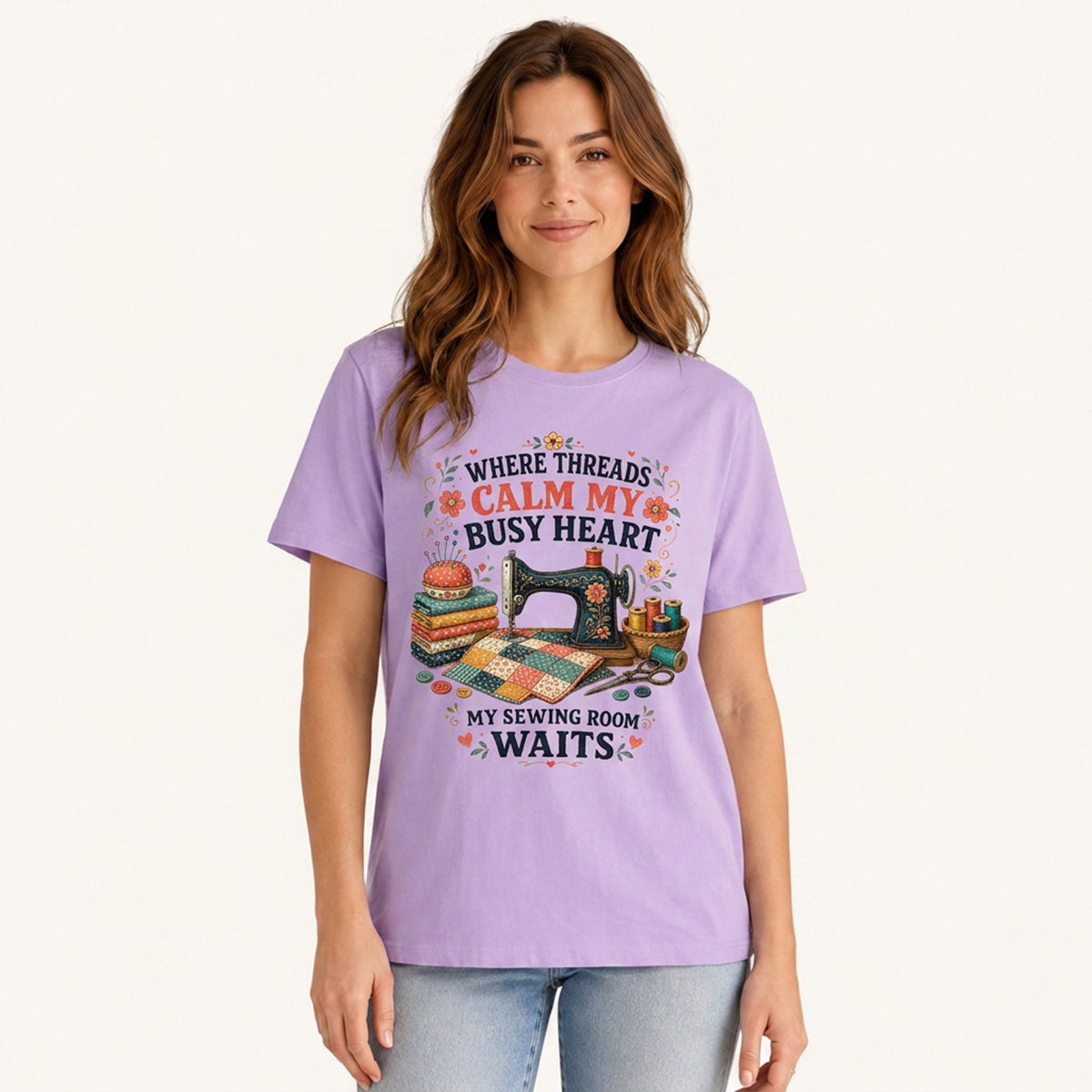 Calm Heart Sewing Room Print Crew Neck Cotton Tee