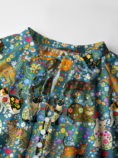 Colorful Garden Cat Pattern Print Boho Long Sleeve Tie‑Neck Blouse