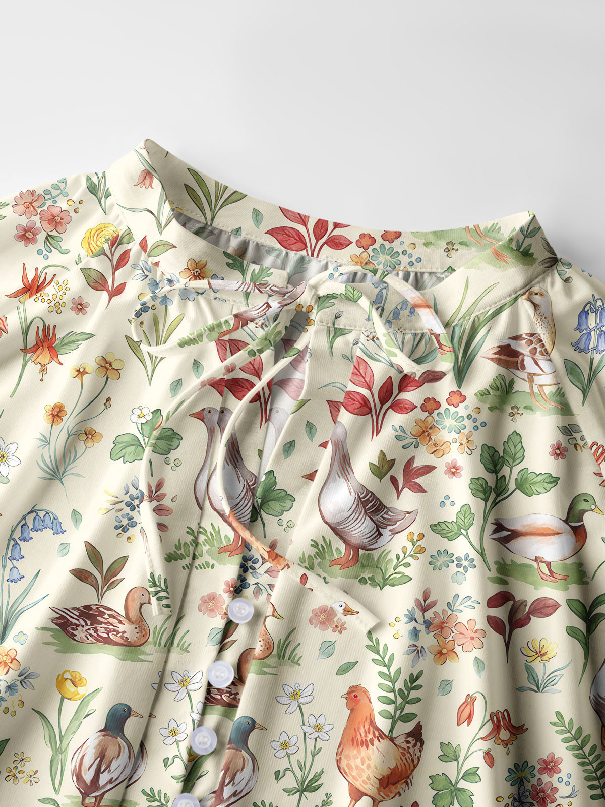 Countryside Garden Critter Print Boho Long Sleeve Tie‑Neck Blouse