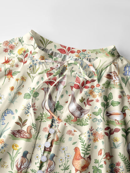 Countryside Garden Critter Print Boho Long Sleeve Tie‑Neck Blouse