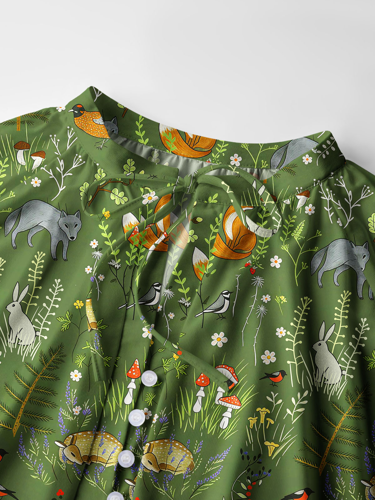 Whimsical Woodland Animals Print Boho Long Sleeve Tie‑Neck Blouse
