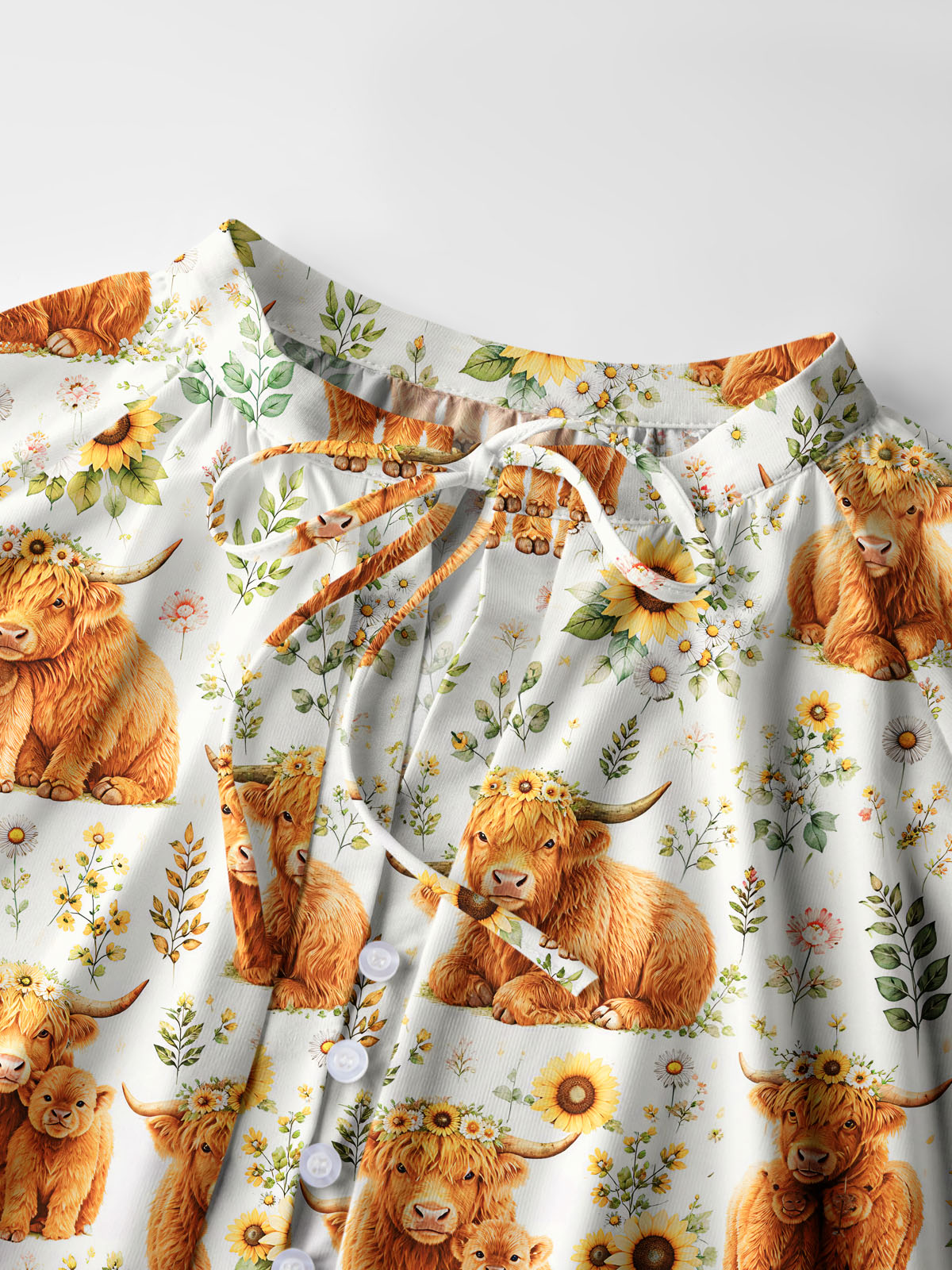 Spring Highland Cow Floral Print Boho Long Sleeve Tie‑Neck Blouse