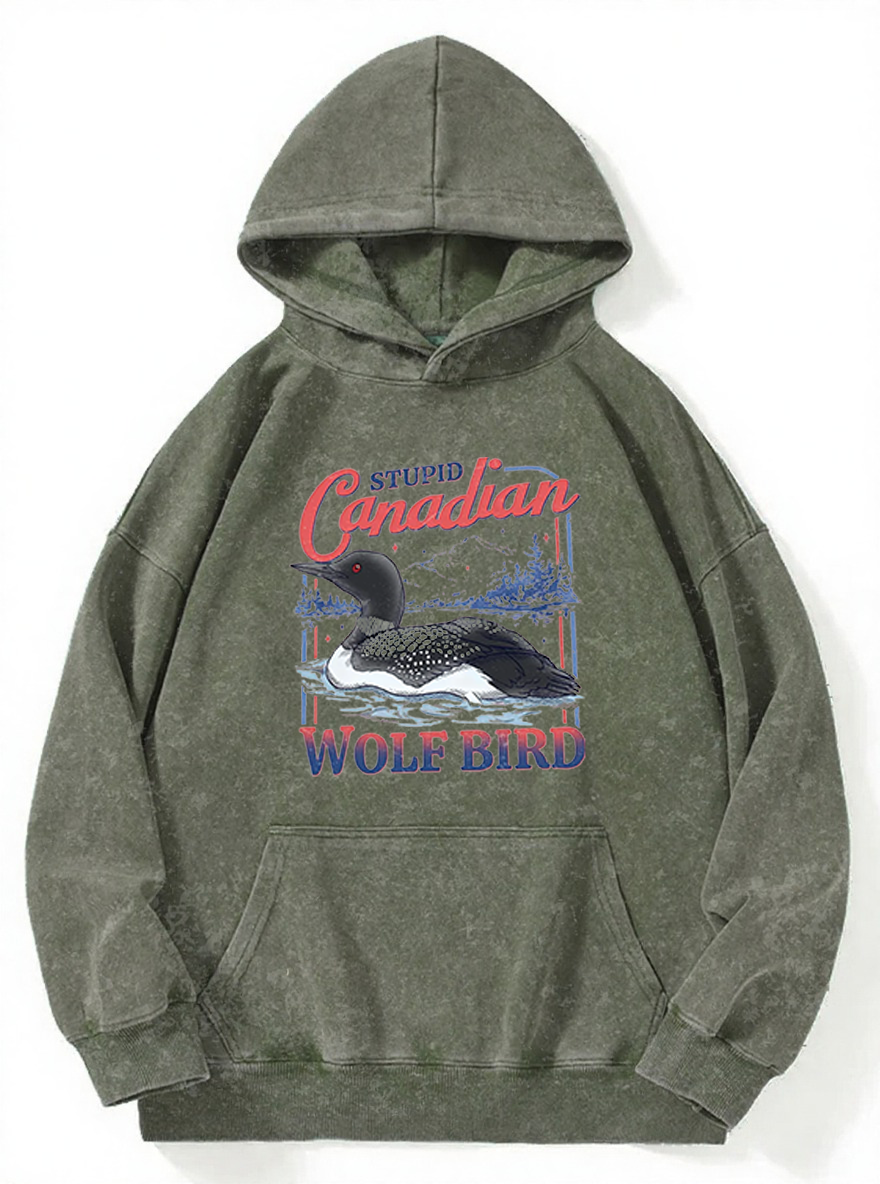Vintage Stupid Canadian Wolf Bird Washed Hoodie