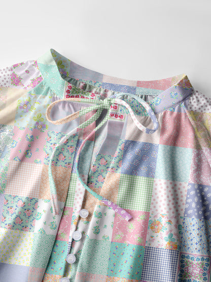 Vintage Quilt Patchwor Print Boho Long Sleeve Tie‑Neck Blouse
