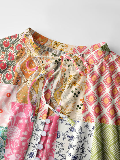 Colorful Bohemian Patchwork Print Boho Long Sleeve Tie‑Neck Blouse
