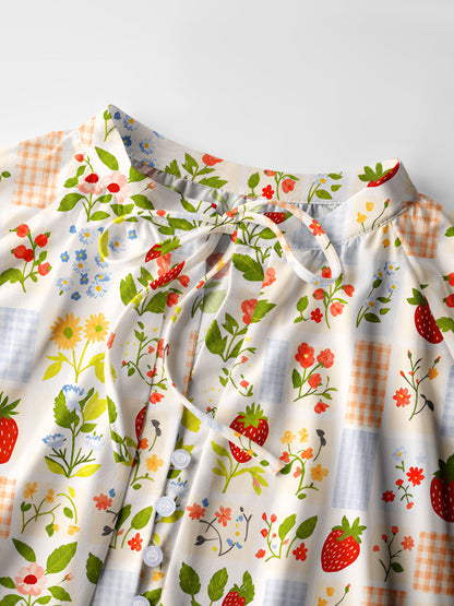 Strawberry Garden Patchwork Print Boho Long Sleeve Tie‑Neck Blouse